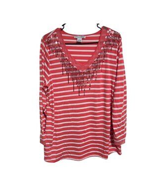 RXB Striped Top Plus Size 1X Red White Sequined V-Neckline Long Sleeve Blouse